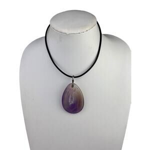 Sterling Silver Black Cord 16" Necklace Purple Geode Slice Large Pendant